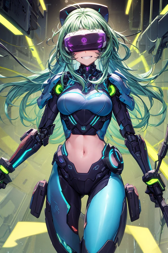 best quality, head-mounted display,
(1 girl, solo), exposed waist, exposed thighs, surrounded by azure neon, floating hair, NodesTech mascara, NodesTech headdress, smile, long hair with teeth, ethereal hair, multicolored azure hair,
BREAK sci-fi background, detailed background, crop top cyborg armor, azure neon background, data space