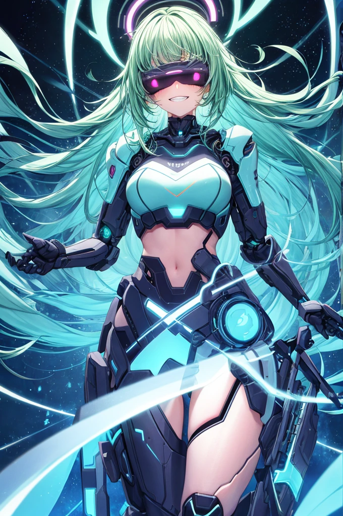 best quality, head-mounted display,
(1 girl, solo), exposed waist, exposed thighs, surrounded by azure neon, floating hair, NodesTech mascara, NodesTech headdress, smile, long hair with teeth, ethereal hair, multicolored azure hair,
BREAK sci-fi background, detailed background, crop top cyborg armor, azure neon background, data space