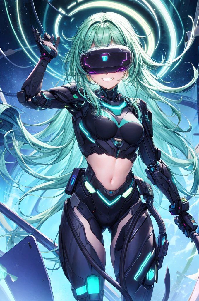 best quality, head-mounted display,
(1 girl, solo), exposed waist, exposed thighs, surrounded by azure neon, floating hair, NodesTech mascara, NodesTech headdress, smile, long hair with teeth, ethereal hair, multicolored azure hair,
BREAK sci-fi background, detailed background, crop top cyborg armor, azure neon background, data space