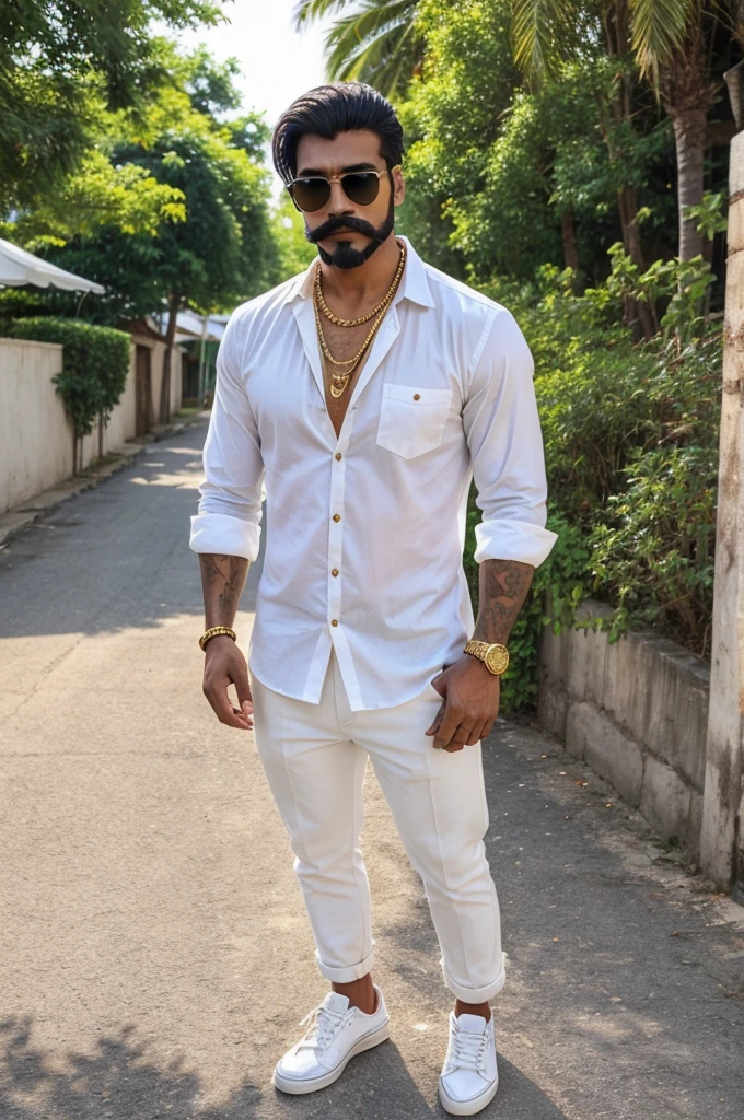 ((best quality)), ((masterpiece)), (detailed), perfect face 
An Indian local don wearing white colour half sleeve shirt tucked out, white pant, black shoes, black sunglasses, golden rings to all the fingers, watche to left hand, bracelet to right hand, two or three big and long gold chain to neck, two three button open for shirt, he is 6 feet tall and handsome hunk, nice short hair style with moustache and beard, show full body 
 image 