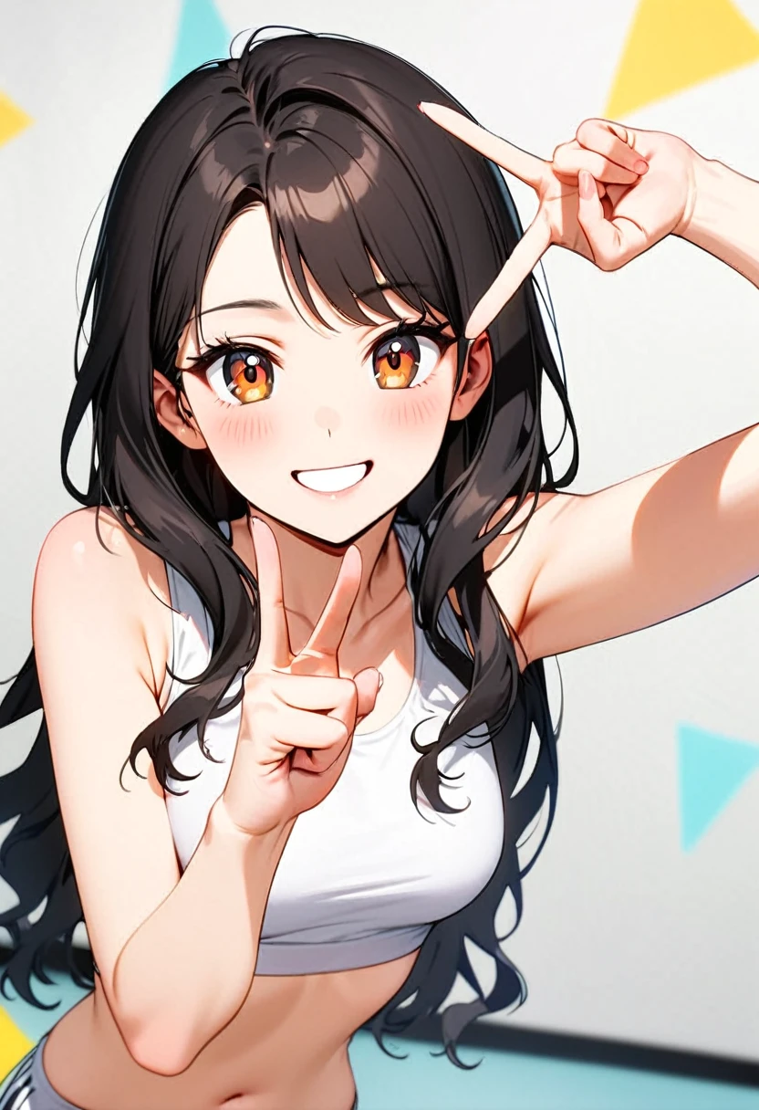 A young woman, 18-years-old, solo, Korean, (long wavy black hair, no bangs:1.1), brown eyes, white tank top, midriff, white baby sweatpants, playful smile, cheerful, mature face, dance studio, holding up a v-sign