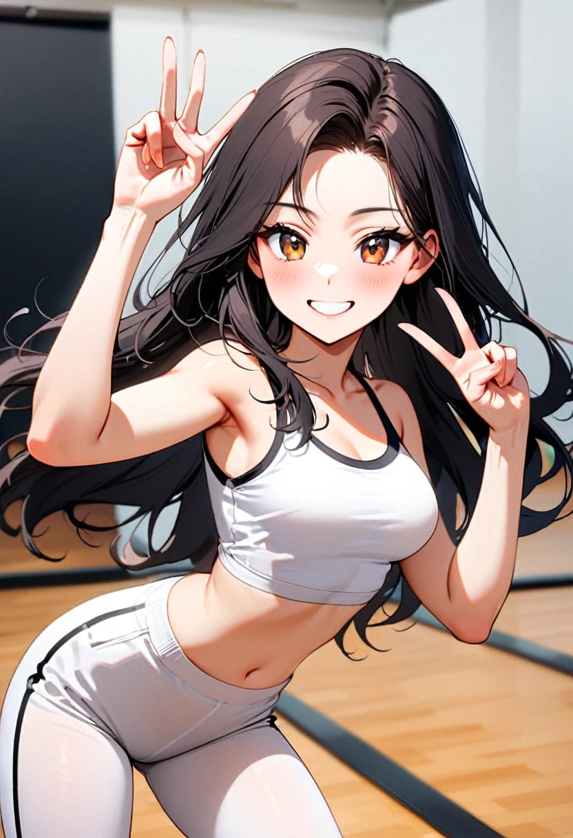 A young woman, 18-years-old, solo, Korean, (long wavy black hair, no bangs:1.1), brown eyes, white tank top, midriff, white baby sweatpants, playful smile, cheerful, mature face, dance studio, holding up a v-sign