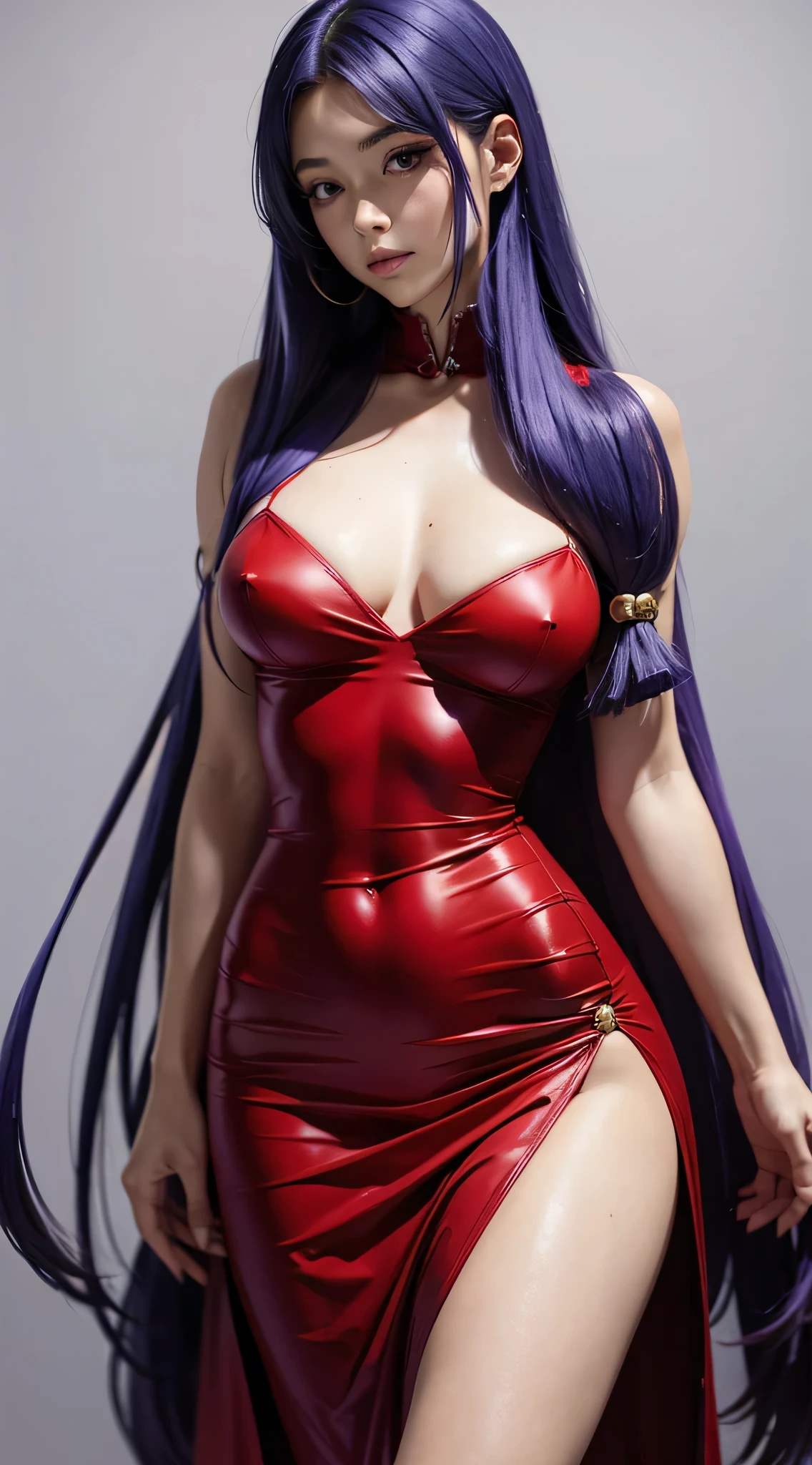 Beautiful shampoo in a red dress with blue, very long purple hair, big breasts and big hips, a small waist that looks very sexy from head to toe 