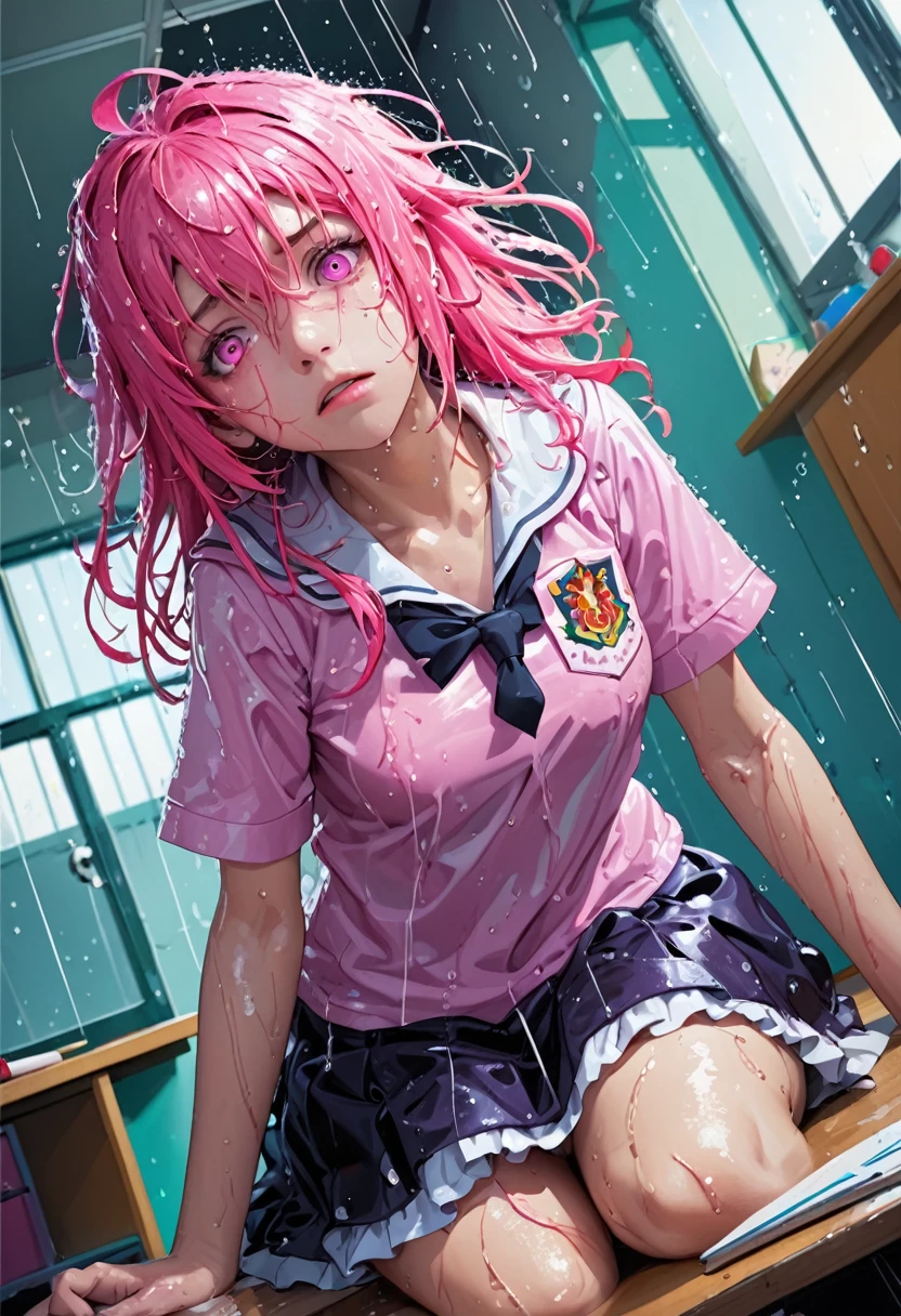 Pink eyes, Dutch Angle, look up, Anatomically correct, Highest quality, High resolution, Colorful Hair, Disheveled Hair, Wet Hair, chest, Red face, Dutch Angle, Character portrait, Cropped, Magic 、Fluffy mini skirt、Wet with rain、Magic School Classroom