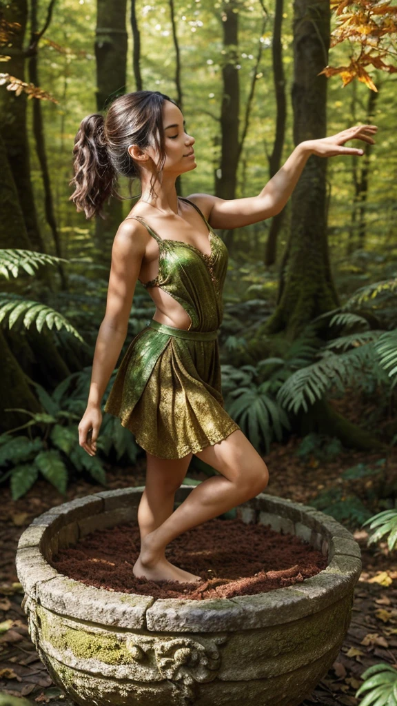 A whimsical miniature figure composed of delicately arranged autumn leaves, poised in a carefree dance on the rim of a weathered, moss-covered terracotta pot, set against a lush, vibrant forest backdrop, where dappled sunlight filters through the canopy above, casting intricate shadows. The overall aesthetic is ethereal, with warm, earthy tones of sienna, umber, and olive green, infused with hints of emerald and golden light, evoking a sense of wonder and enchantment, as if plucked from a fantastical realm.