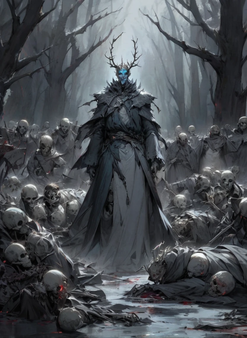 wendigo, warlock dnd's patron, undead king, blue eyes glowing, dark Woods, cold gray colors, Skeleton army in background, Bloodstained dress