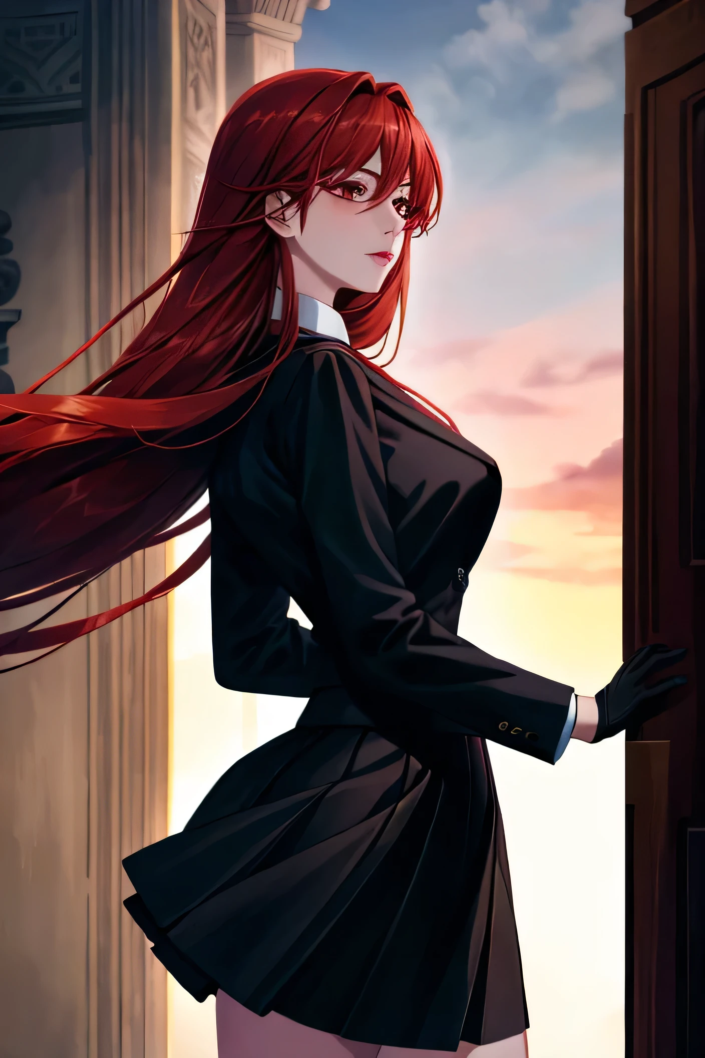 ((best quality)), ((masterpiece)), (detailed), 1girl, Yoru , Long red hair, Assassin, watch, black gloves, suit, short skirt, red eyes, 8k, photorealistic