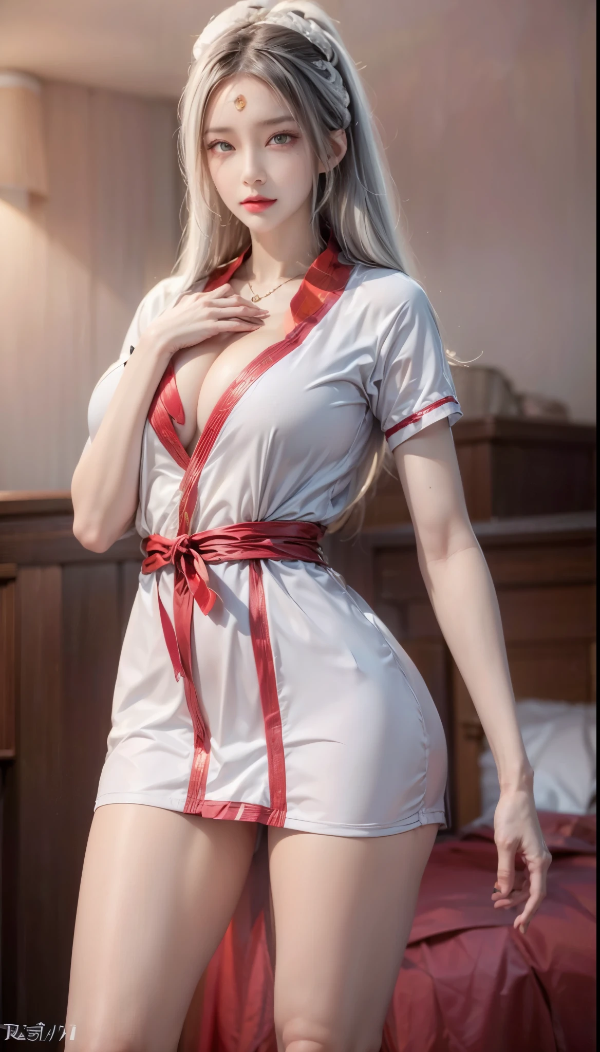 realistic, 1 women, best quality, 12k, HD, long hair, (big round breasts:1.5), cleavage, ponytail, necklace, jewelry, shorts, short jacket, slim hips, hair tie, yellow eyes, black hair, super detailed, Eye details, hair details, person details, mouth details, face details, breast details, clothes details, hair details, pants details, hand details, whole body