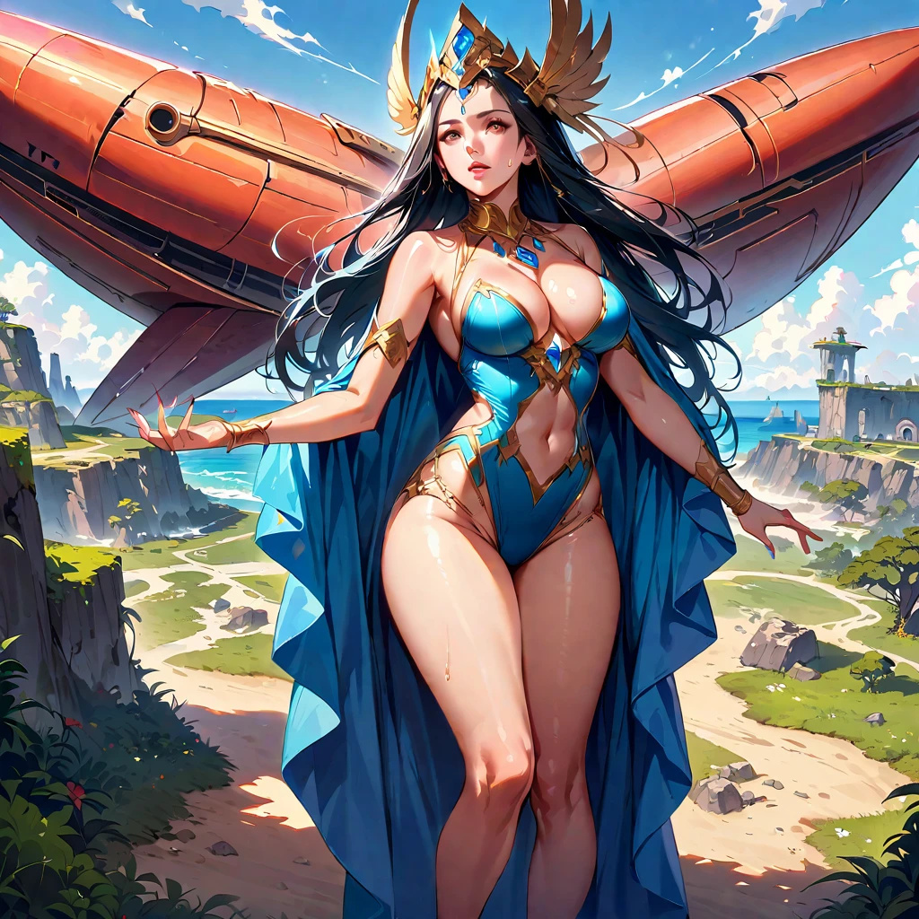 A fantastic and mysterious island,Ruins of an ancient civilization,Flying Ship,Flying Whale,(Highest quality,Extremely detailed depiction,Incredibly absurd high resolution,Anatomically accurate depiction,Nice hands, Perfect Fingers,Curvy Legs),(Glowing Skin,Shiny skin),A fantastic goddess in a gorgeous costume,There is cleavage in the chest,Glossy Lips,Sweat,Young beautiful woman,,Mysterious sight,Island Focus,Fantasy