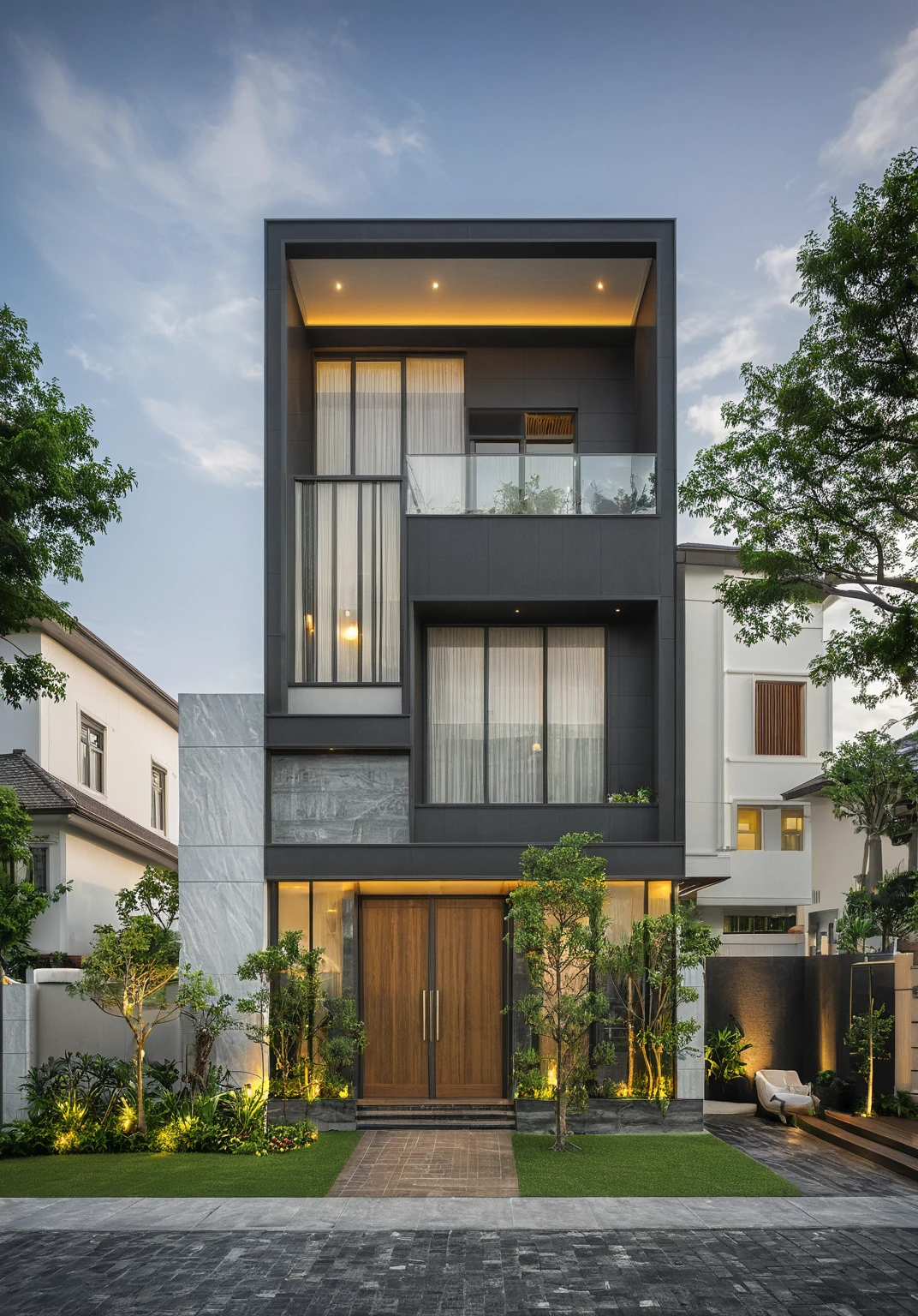 modern villa on street, (overcast lighting:1.2), tropical tree, vivid color, streetcapes, nice sky, grey and wwhite tone, (large glass door:1.2), warm interior lighting, modern material, best quality, ultra realistic, masterpiece, 17ArchiAI_XL_VL-v1