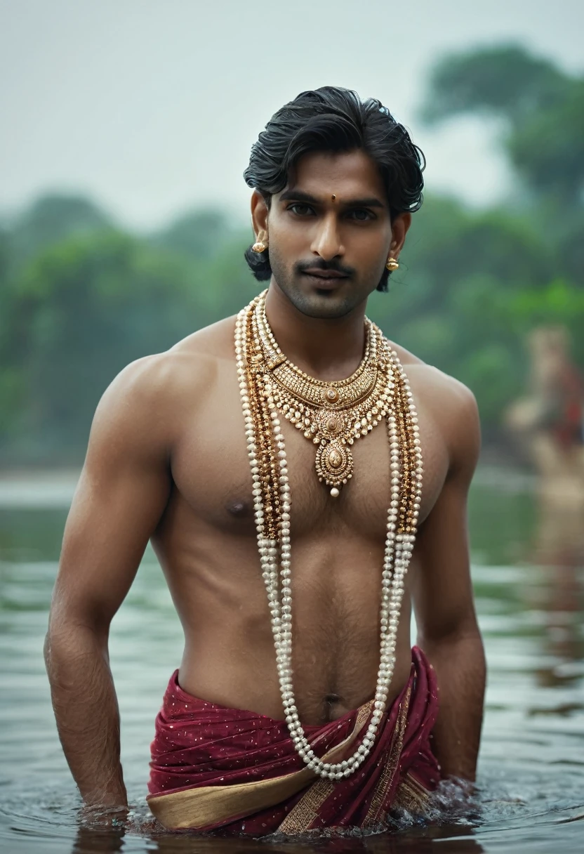 realist, Masterpiece, intricate details, detailed background, depth of field, handsome indian man, sexy, altheletic body, fair skin, wearing jewellery, wearing dhoti, standing in water, 4k