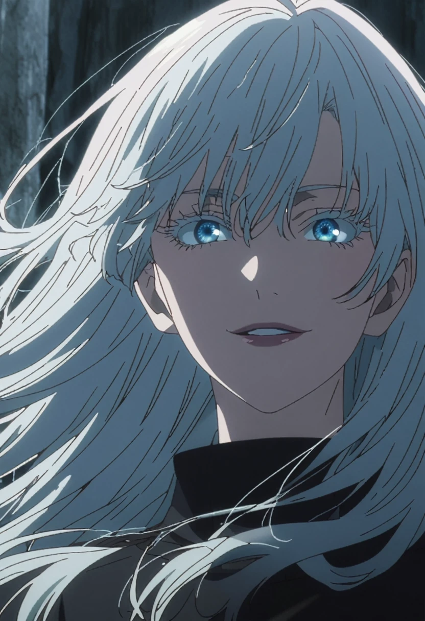 1girl, female gojo satoru, anime screencap from jujutsu kaisen, gojo satoru female version, solo, long_hair,black blindfolded , blue_eyes, white eyelashes, parted_lips, smiling, looking_at_viewer, side view, white_hair, bangs, eyelashes, face portrait, black_shirt, shirt, hair_between_eyes, floating hair, (curly hair)