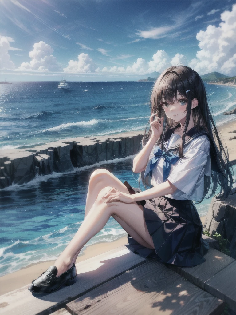 ((最high quality, 8k, masterpiece: 1.3, Ultra HD, high quality, 最high quality, High resolution, realism)) 、Very beautiful 18 year old Japanese 、I'm wearing a sailor suit、Wearing a navy blue pleated skirt、Wear loafers、Hair color is light brown、black eye、Medium Hair、Straight hair、smile、sit on a high breakwater on the beach、The blue sky is beautiful、There is a road in front of the breakwater...、The sea is beautiful、Beautiful horizon、 An island can be seen offshore、Entering the clouds above the horizon、Island Lighthouse