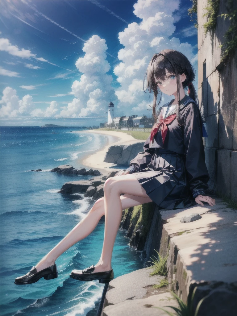 ((最high quality, 8k, masterpiece: 1.3, Ultra HD, high quality, 最high quality, High resolution, realism)) 、Very beautiful 18 year old Japanese 、I'm wearing a sailor suit、Wearing a navy blue pleated skirt、Wear loafers、Hair color is light brown、black eye、Medium Hair、Straight hair、smile、sit on a high breakwater on the beach、The blue sky is beautiful、There is a road in front of the breakwater...、The sea is beautiful、Beautiful horizon、 An island can be seen offshore、Entering the clouds above the horizon、Island Lighthouse
