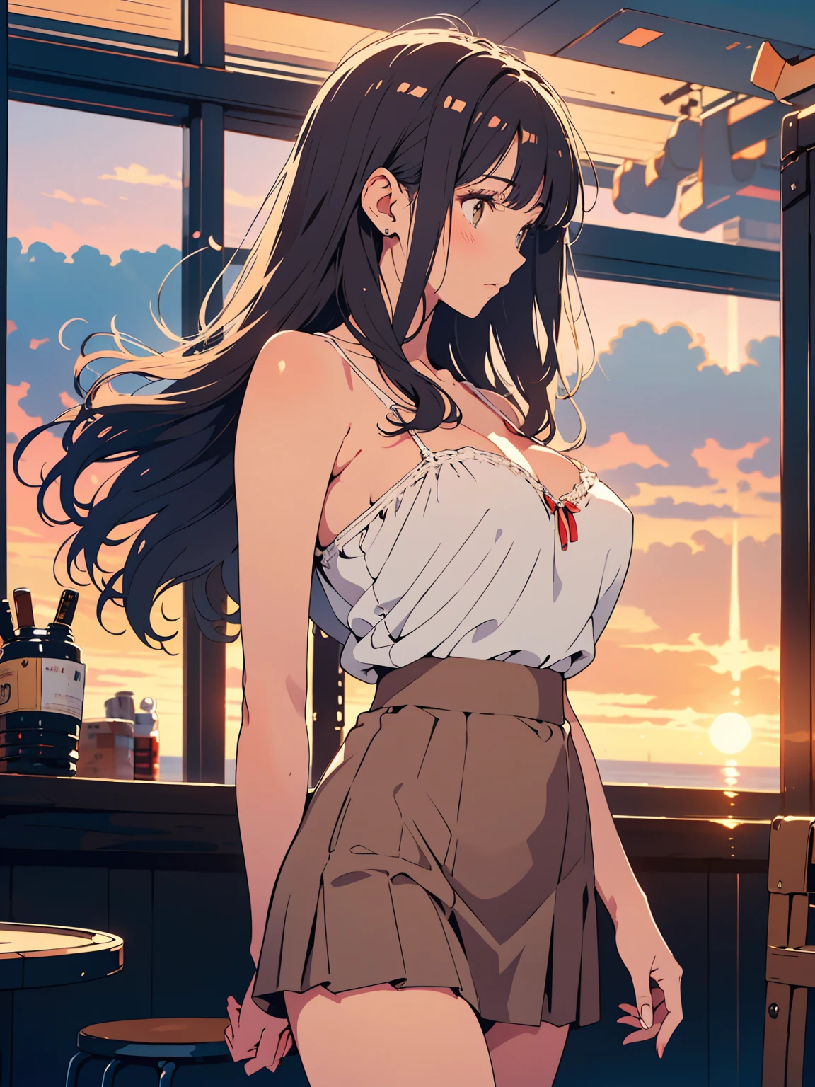 Realistic, high quality, Ultra-high resolution photos, Very beautiful photo, Breathtaking beauty, perfection, Glossy highlight on cheeks, perfectionなボディ, Biologically accurate limbs, cute, Beautiful Faces, beautiful bangs, Glowing White Skin, Natural skin texture, bangs, Split down the middle, Beautiful and shiny hair, Smooth Hair, Thin Hair, beautiful bangs, Glowing White Skin, Natural skin texture, bangs, Split down the middle, Beautiful and shiny hair, Smooth Hair, Thin Hair, (Large Breasts:1.3), Focus on the whole body, Profile photo:1.1, (Shooting with a camera on the go), One Woman, 20th Generation, 1 person, (), (camisole, Tulle skirt), (Thighs), (Adult white panties), (Exposing your buttocks, Legs like a model), (Skirt and hair fluttering in the wind), Gray wavy hair City, Natural light, Golden Hour, Retro colors, (Profile of a woman standing facing the sunset)