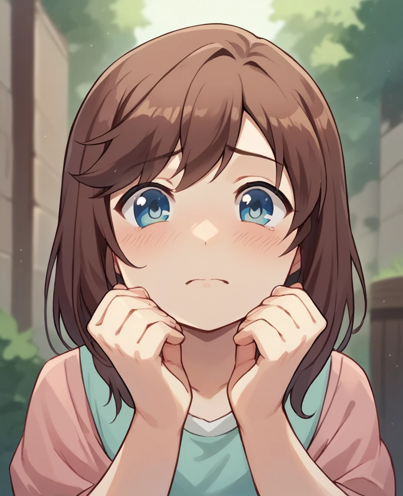 1 girl, brown hair, blue eyes, sad expression, teen, happy, cute, {{holding noses and mouth with two hands}} ,background stinky classroom