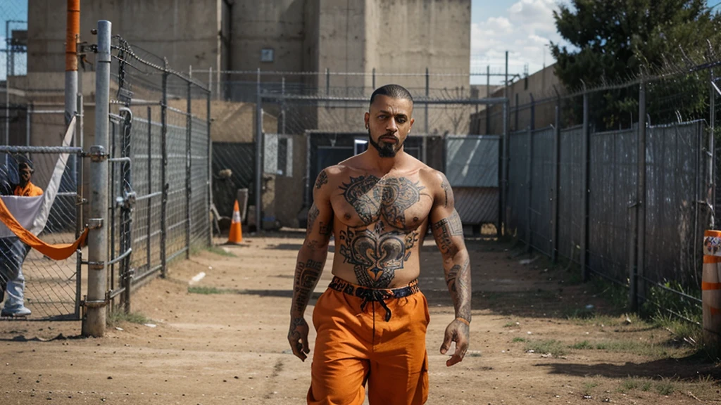A fierce-looking man with intense eyes, facial tattoos, and a goatee, dressed in an orange prison uniform. The scene is set in a prison yard with tall fences topped with barbed wire, guard towers, and groups of inmates walking around.