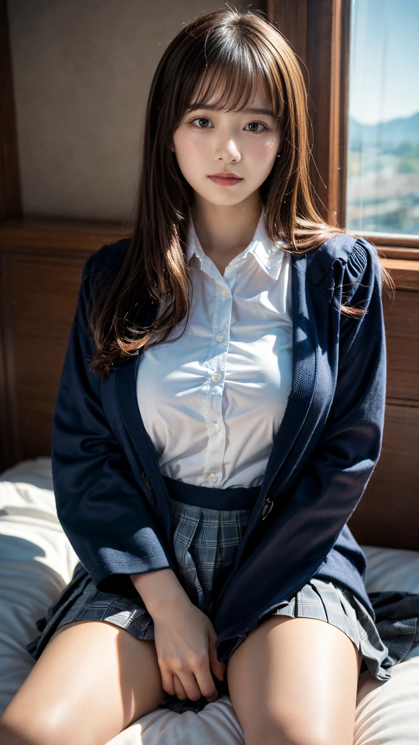 Graduation Ceremony、high school girl、uniform 、Navy jacket、Checkered pleated skirt、White shirt、Bedroom、Lying in bed、Perfect proportions、cute、((18-year-old female:1.2))、Young and adorable Japanese face,Big Breasts, valley, Official Art,Highly detailed CG Unity 8K wallpaper,(masterpiece:1.0),(Highest quality:1.0), High resolution,4K,Very detailed, photo shoot, 8K, nsfw, High resolution, Kodak Portrait 400, Film Grain, Lens flare brilliance, Professional Lighting,Cinematic Light, View your viewers