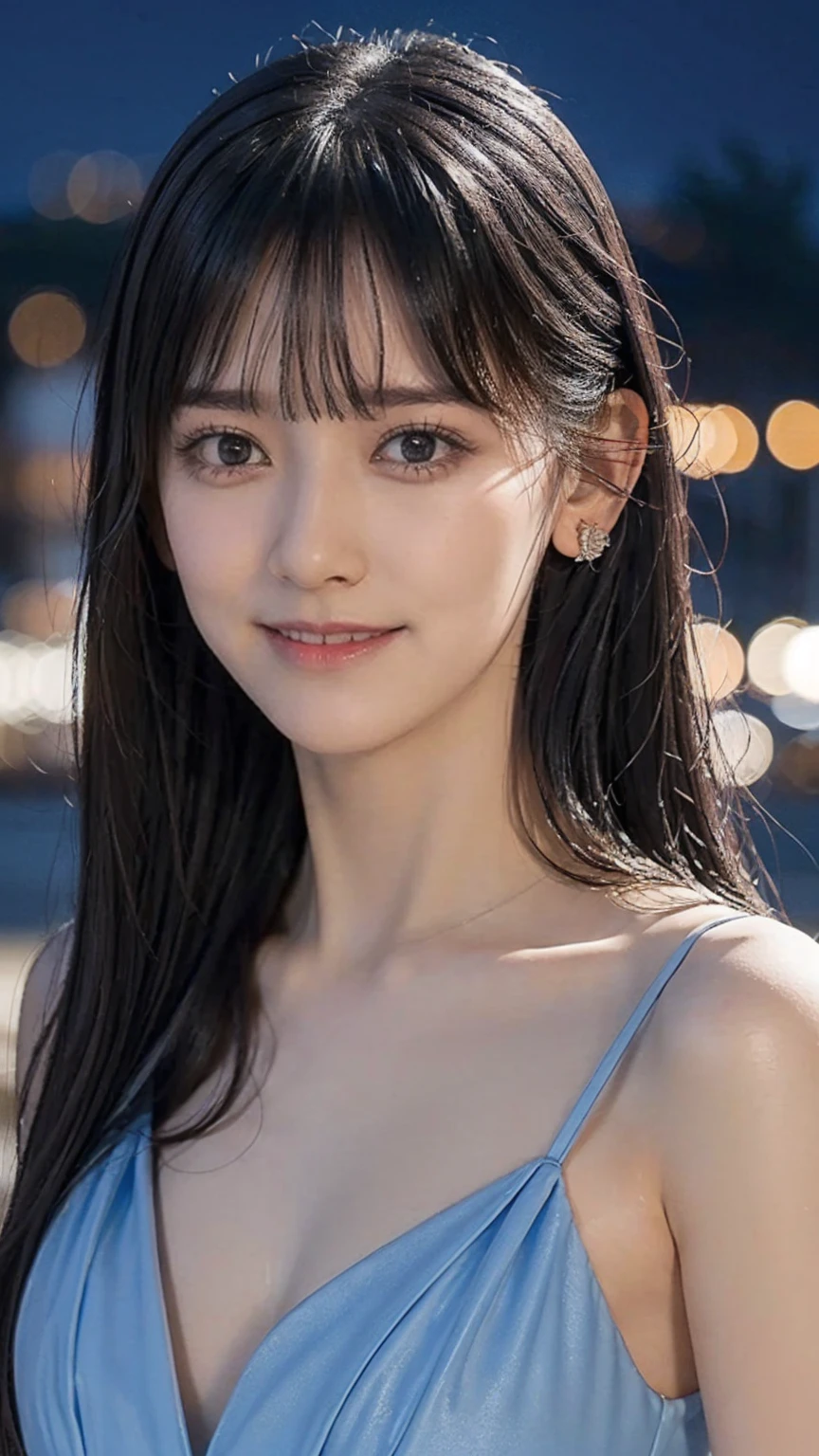 1girl,(wearing a blue evening dress:1.2),(RAW photo, best quality), (realistic, photo-realistic:1.4), masterpiece, an extremely delicate and beautiful, extremely detailed, 2k wallpaper, Amazing, finely detail, extremely detailed CG unity 8k wallpaper, ultra-detailed, highres, soft light, beautiful detailed girl, extremely detailed eyes and face, beautiful detailed nose, beautiful detailed eyes,cinematic lighting,city lights at night,perfect anatomy,slender body,light smile,close up,(long hair with bangs), big breast size