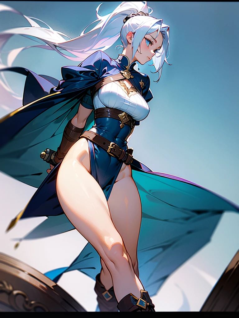 a beautiful, tall young woman ( 180 cm) with a curvy yet athletic and muscular build, chin-length, Sky blue eyes and White hair with a fringe styled into a ponytail with an ample very big chest (E-cup chest), gracefully curved legs, and nearly translucent skin, wore a fitted tunic of deep indigo, accented with silver thread that hinted at her noble lineage. Beneath, she had sturdy leather breeches, allowing for ease of movement in battle. A wide belt cinched her waist, adorned with pouches and a beautiful sword. Her boots, practical yet finely crafted, reached mid-calf. The outfit blended elegance with functionality, reflecting her strength and status as a warrior.