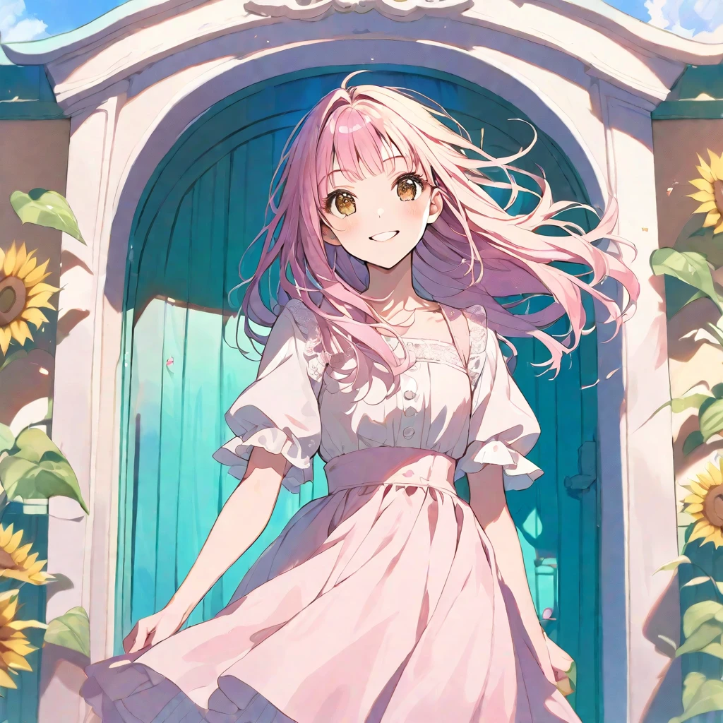 solo,handsome, Water color ,
1. Female,
,Straight Hair,long Hair,, pink beige hair,
Kazuka Nakano ,
brown eyes,Soft look,
beautiful,ta,
smile,skin, Blue sky, entrance cloud,
casual dress,
simple background ,
sunflower background,