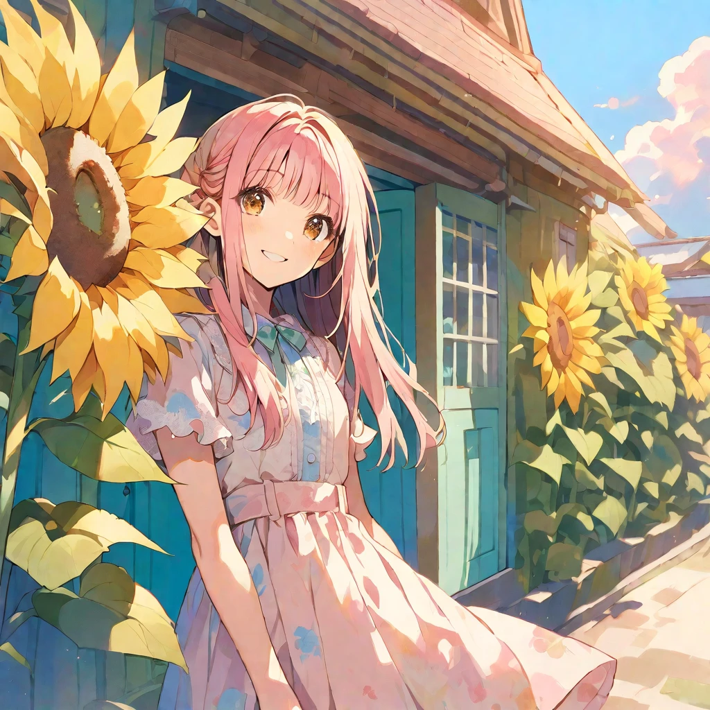 solo,handsome, Water color ,
1. Female,
,Straight Hair,long Hair,, pink beige hair,
Kazuka Nakano ,
brown eyes,Soft look,
beautiful,Lolita,
smile,skin, Blue sky, entrance cloud,
casual dress,
simple background ,
sunflower background,