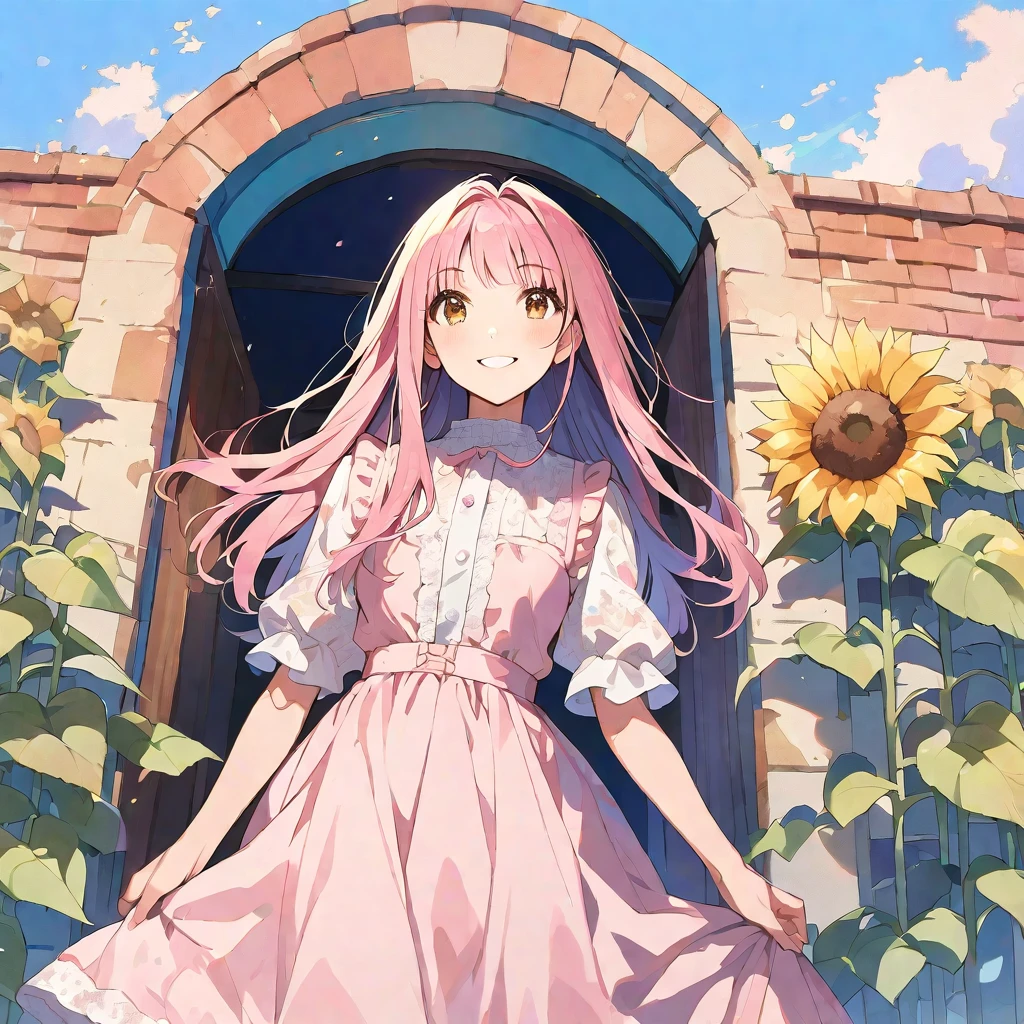 solo,handsome, Water color ,
1. Female,
,Straight Hair,long Hair,, pink beige hair,
Kazuka Nakano ,
brown eyes,Soft look,
beautiful,ta,
smile,skin, Blue sky, entrance cloud,
casual dress,
simple background ,
sunflower background,