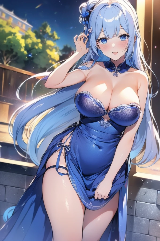Silver long hair、Deep blue eyes、woman、美しいwoman、Large Breasts、Blue and white Chinese dress、A Chinese dress with a black translucent cloth in the cleavage、Outdoor、During sexual intercourse、orgasm、A cheongsam with hidden curves(100-60-78cm)、he is short、High school girls cosplaying、Embarrassed face