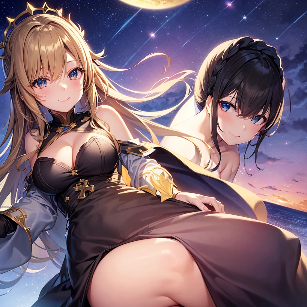 1human asuna,STAR, Crown Half Up Hairstyle、Shoulder Off、Gorgeous big cleavage、Captivating smile, Gorgeous black outfit, evening, Sunset sky, sunset