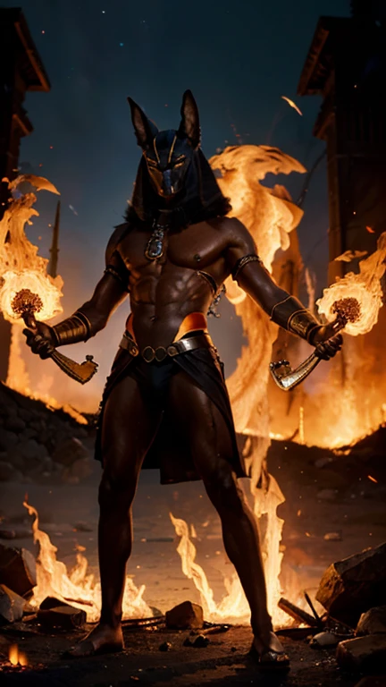 Anubis god of the underworld, One , whole body, ((Fire Element)),