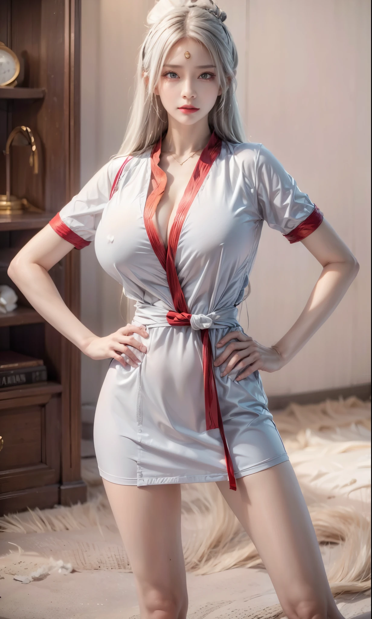 realistic, 1 women, best quality, 12k, HD, long hair, (big round breasts:1.5), cleavage, ponytail, necklace, jewelry, shorts, short jacket, slim hips, hair tie, yellow eyes, black hair, super detailed, Eye details, hair details, person details, mouth details, face details, breast details, clothes details, hair details, pants details, hand details, whole body