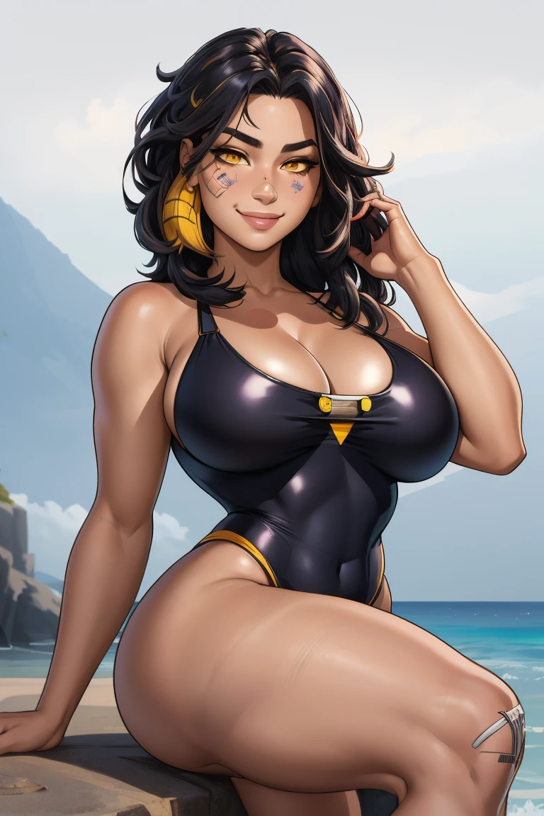 1girl, solo, long hair, looking at viewer, black hair, bandaid on face, yellow eyes, smile, bandaid on nose,  bandaid, bangs, breasts, simple background, fang, bare shoulders, scar, bare shoulders, closed mouth, hair over one eye, portrait, hair over shoulder, legs, seductive, bathing suit, 2 piece swimsuit, beach, realistic, highly detailed face, detailed eyes, best quality, masterpiece, ultra detail, ultra high res, extreme detail, 8k, uhd, voluptuous, curvy, thick thighs, milf