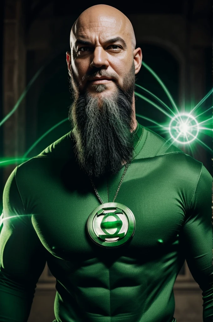 Bald man with green beard dressed as green lantern showing ring