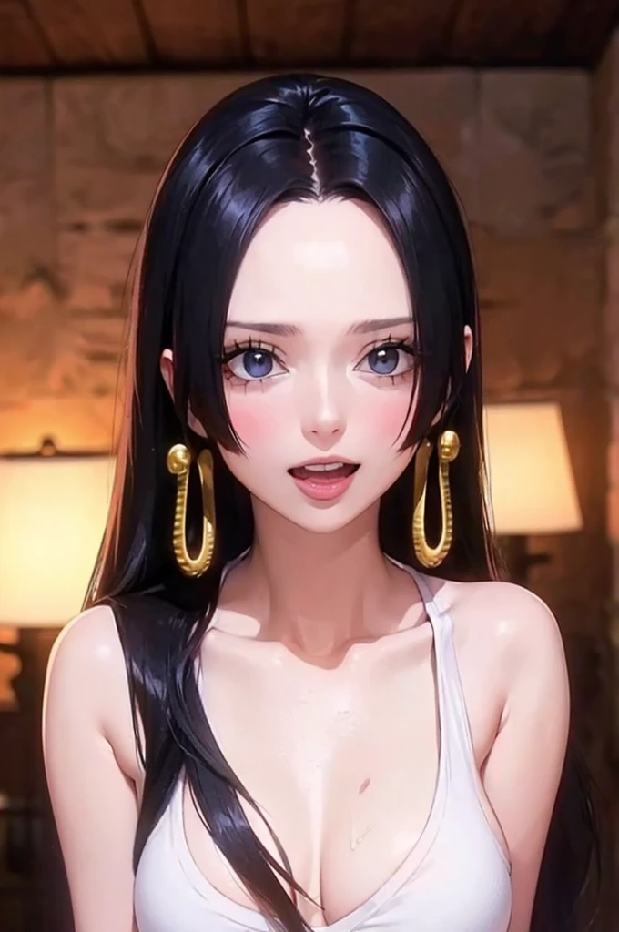 (((masterpiece))), (((best quality))), ((ultra-detailed)), (highly detailed CG illustration), Boa Hancock, (nsfw:1.4), (masterpiece:1.5), Detailed Photo, Smiling, Sexy, (Best Quality: 1.4), (1girl), Beautiful Face, (Black Hair, long Hair: 1.3), Beautiful Hairstyle,  beautiful detail eyes, (realistic skin), beautiful skin, absurd, attractive, ultra high resolution, high definition, (sexually aroused:1.5), Pinkish white skin, cool white light, sexy pose, Beautiful , white background, pink soft white light, Wear a white tank top,