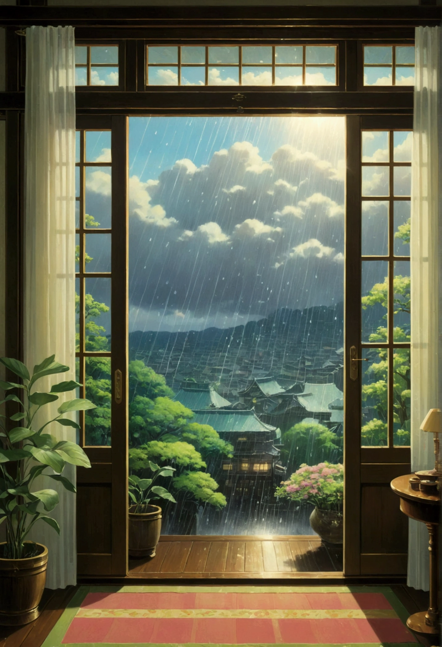 Ghibli summer Rain seen from a Western-style room