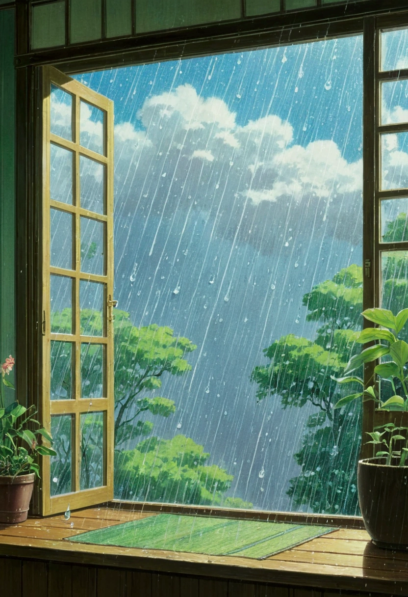 Ghibli summer Rain seen from a Western-style room