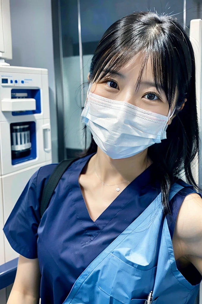 Dental hygienist wearing dark blue medical scrubs Japanese woman in her early 30s with black hair Upper body close-up smile Shooting in a white clinic Harmony々 No accessories included