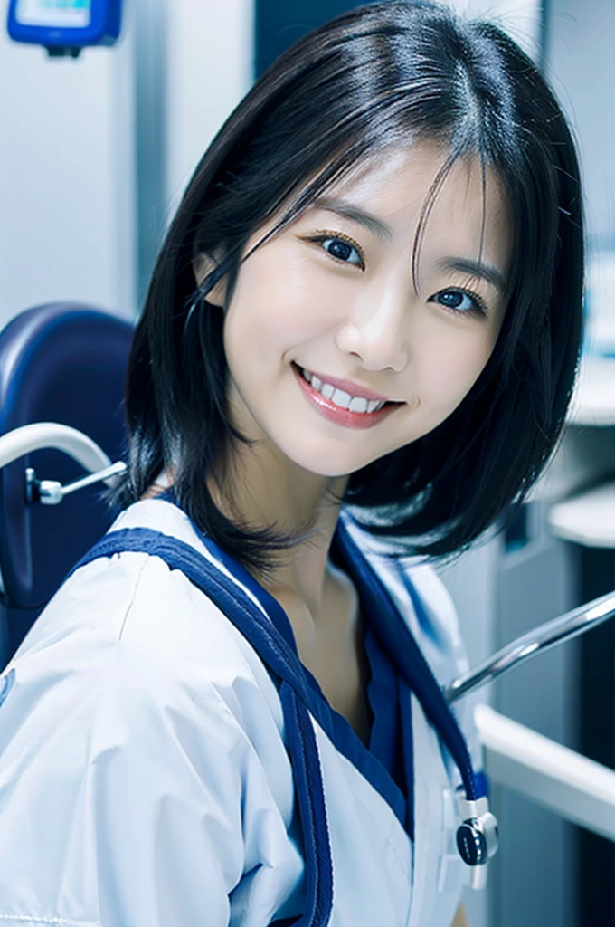 Dental hygienist wearing dark blue medical scrubs Japanese woman in her early 30s with black hair Upper body close-up smile Shooting in a white clinic Harmony々 No accessories included