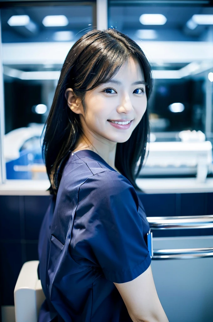Dental hygienist wearing dark blue medical scrubs Japanese woman in her early 30s with black hair Upper body close-up smile Shooting in a white clinic Harmony々 No accessories included