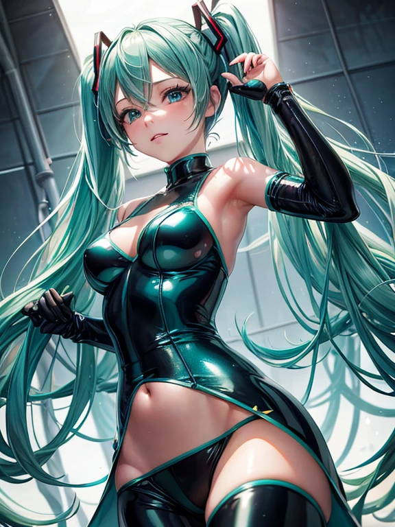 ((masterpiece,Highest quality:1.3)),cowboy shot,1woman,30 year old beauty,Investigator、solo,(very small head:1.3),green hair,(low ponytail),long hair,blunt bangs,green eyes,gorgeous eyes,shy,Heavy breathing、medium breasts,(very long body:1.2),(toned body,slender body,skinny),gleaming skin,shiny skin,(Black leather high leg bodysuit、Long sleeve,Micro Shorts、peeing),barefoot、(Black leather combat boots)、Wet crotch、squatting,Dark back alley、Metropolis、cyber punk、World of Blade Runner、