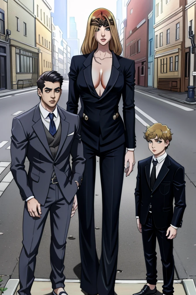 Tall wife in the middle, short husband in the left, short son in the right, beautiful faces, wife is wearing suit and pants, wife has big , wife is showing cleavage, wife is ripped, wife's suit has a belly button cutout, wife has ripped visible abs, make the girls even more taller than the boys, boys are very thin and weak, boys wearing suit and pants, wife is standing barefoot, boys are wearing office shoes