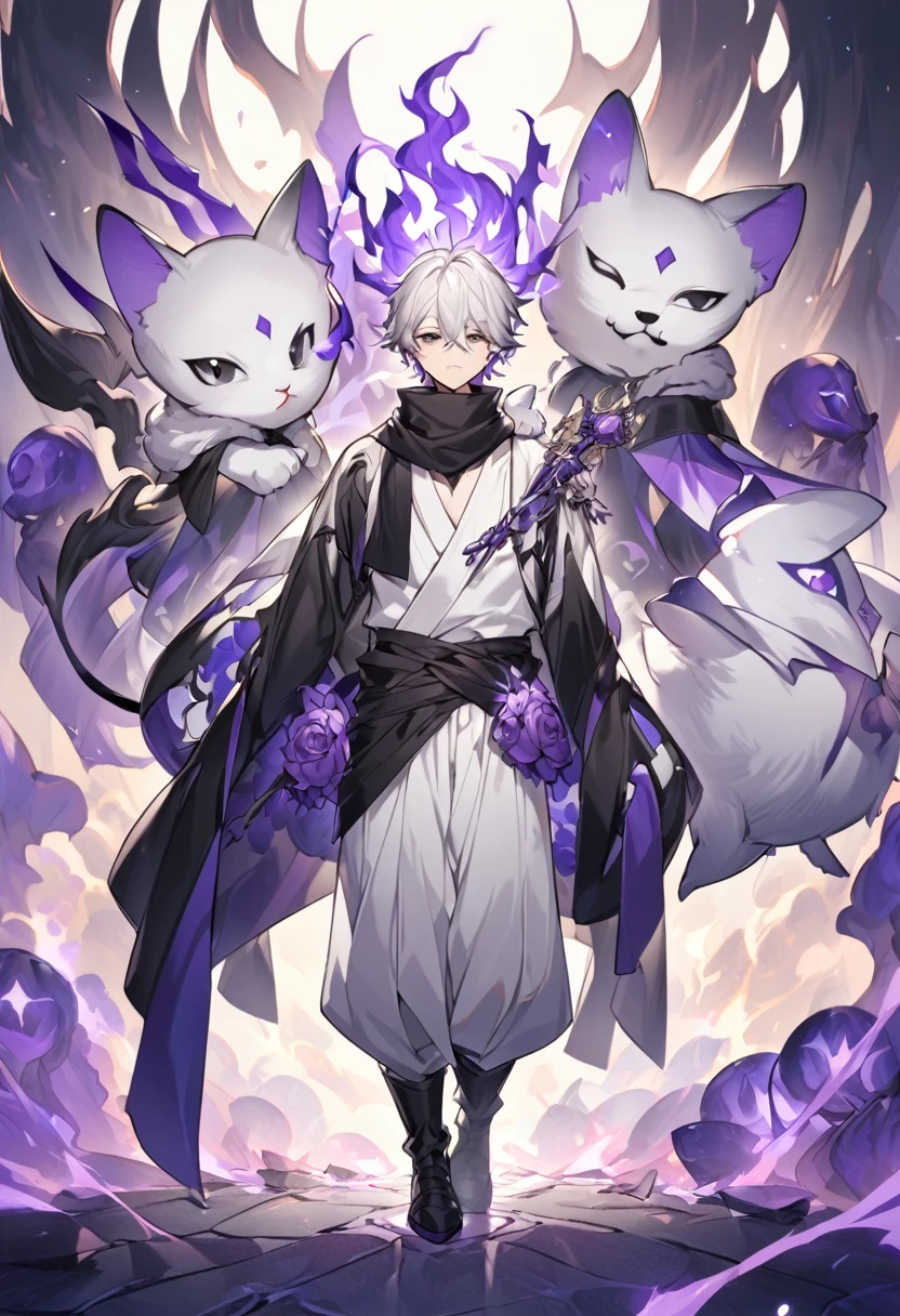 Shawm - 21 years old young man, which was destined for a greater doings. Shawm is a young man, around 21 years old, a sorcerer which is quite skilled in the magic of cursed purple flames. He's well built and knows combat skills, despite looking quite skinny thanks to his dressings. Usually frowning face shows no sign of emotion, and his half-closed emotionless blank black eyes only consolidate that fact. Tousled white hair with a slight purple colour in it's roots brushed behind, with a small bunch
of it sticking up before his eyes. Usually he's dressed in a white shirt, white hakama and black runners. On the neck he wears black long scarf which covers his mouth, with two tips waving behind his back, and on the waist usually wrapped his black and white coloured jacket, wrapped by its sleeves around his body. On Shawm's shoulder should be seen a small white chibi cat - his name is Kazu, and it's his spiritual animal and a teacher, which helps him use his powers. Cursed flames gather around his figure in a small spiritual flames. Kuza should be shown once in the image.