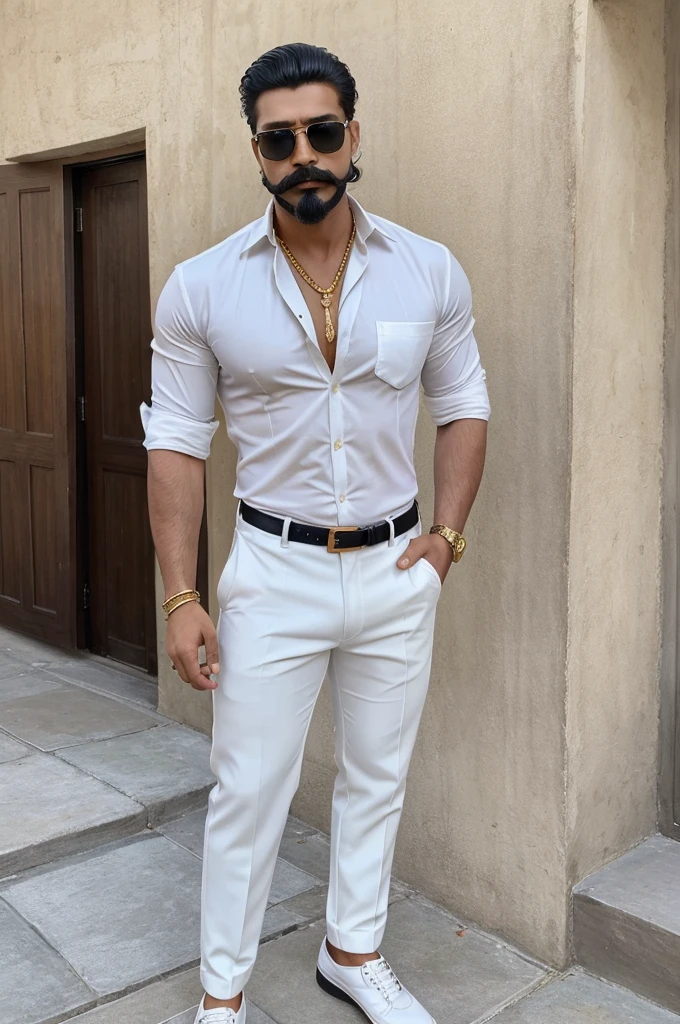 ((best quality)), ((masterpiece)), (detailed), perfect face
An Indian local don wearing white colour half sleeve shirt tucked out, white formal pant, black colour formal shoes, black sunglasses, golden rings to all the fingers, watche to left hand, bracelet to right hand, two or three big and long gold chain to neck, two three button open for shirt, he is 6 feet tall and handsome hunk, nice short hair style with moustache and beard, show full body
image