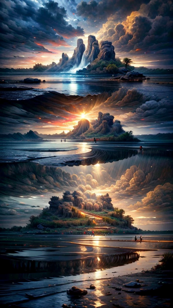 Serial view od a mysterious island in the middle of a lake, the lake is in the middle of the island, in the middle of the ocean, dramatic lighting, detailed landscape, serene atmosphere, vibrant colors, cinematic composition, photorealistic, 8k, (best quality,4k,8k,highres,masterpiece:1.2),ultra-detailed,(realistic,photorealistic,photo-realistic:1.37)