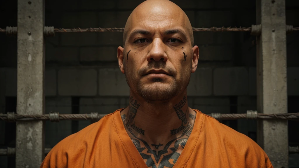 A close-up of a menacing, muscular man with a bald head and tattoos on his face and neck, wearing an orange prison jumpsuit. The background features a high-security prison yard with barbed wire fences and guard towers, with other prisoners in orange jumpsuits visible in the distance.