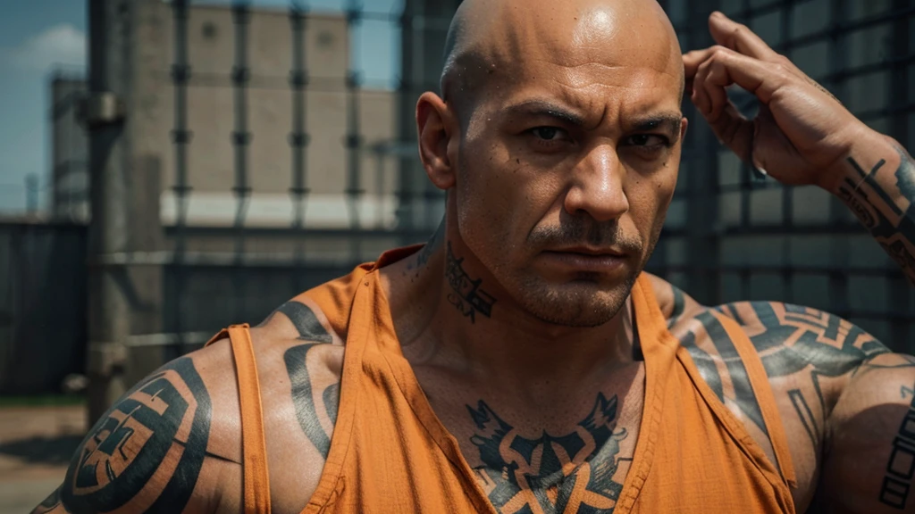 A close-up of a menacing, muscular man with a bald head and tattoos on his face and neck, wearing an orange prison jumpsuit. The background features a high-security prison yard with barbed wire fences and guard towers, with other prisoners in orange jumpsuits visible in the distance.
