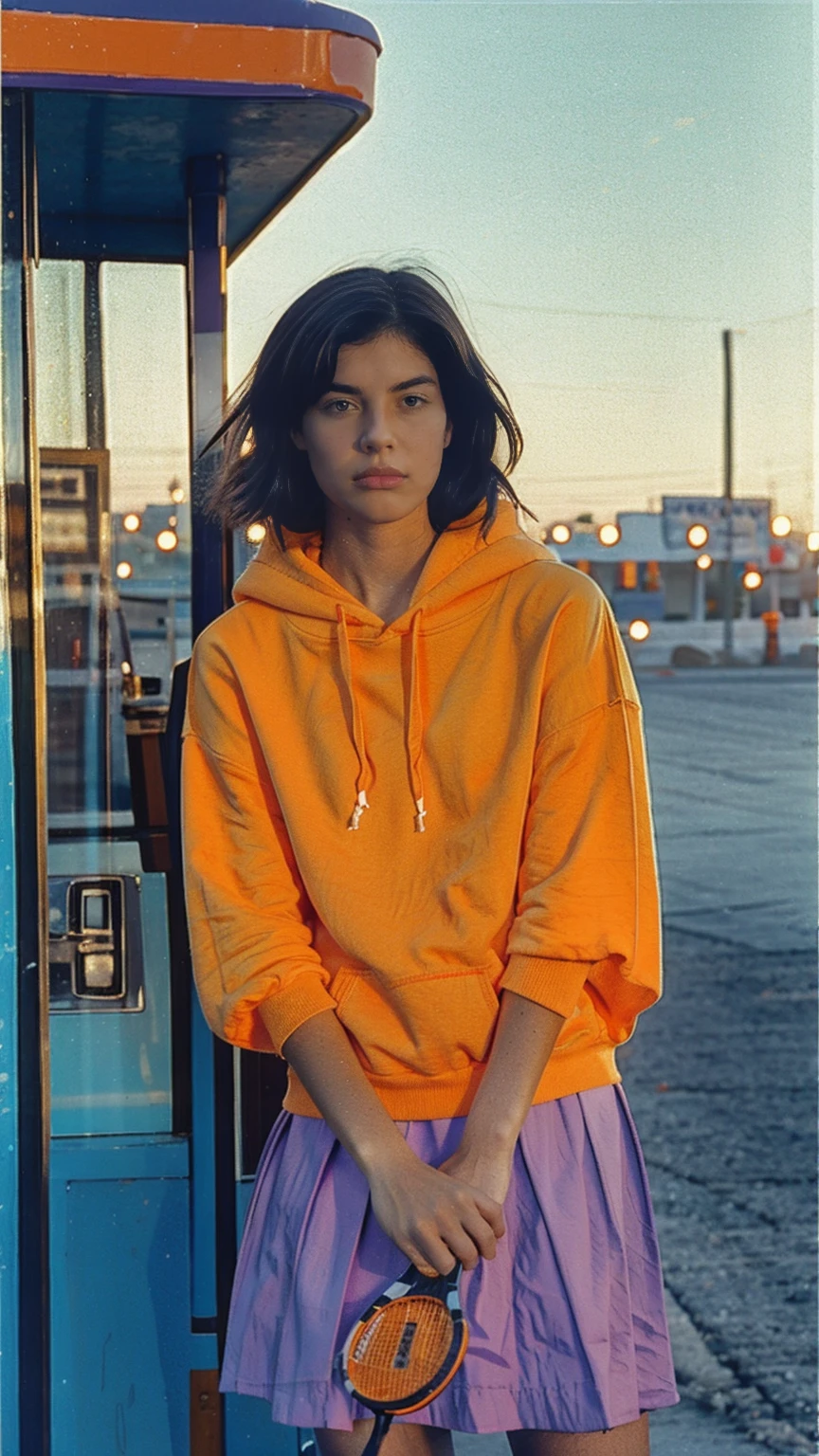 long shot portrait of cute 23 yo girl ,wear ((orange color oversized_hoodie)), wear ((purple tennis skirt)),looking front,Best Quality,Masterpiece,Ultra High Resolution,(Realisticity:1.4),Original Photo, 1Girl, light leak,ultra high resolution,UHD,beautiful, (black bob hair), almond eye, no makeup, in front of (80's abandon gas station), (realistic:1.2), (surreal:1.3), (very detailed:1.1), ((masterpiece)),summer, blue sky, palm trees,sunny, los angles vibes,film camera, 800mm lens,style of Philip Lorca diCorcia