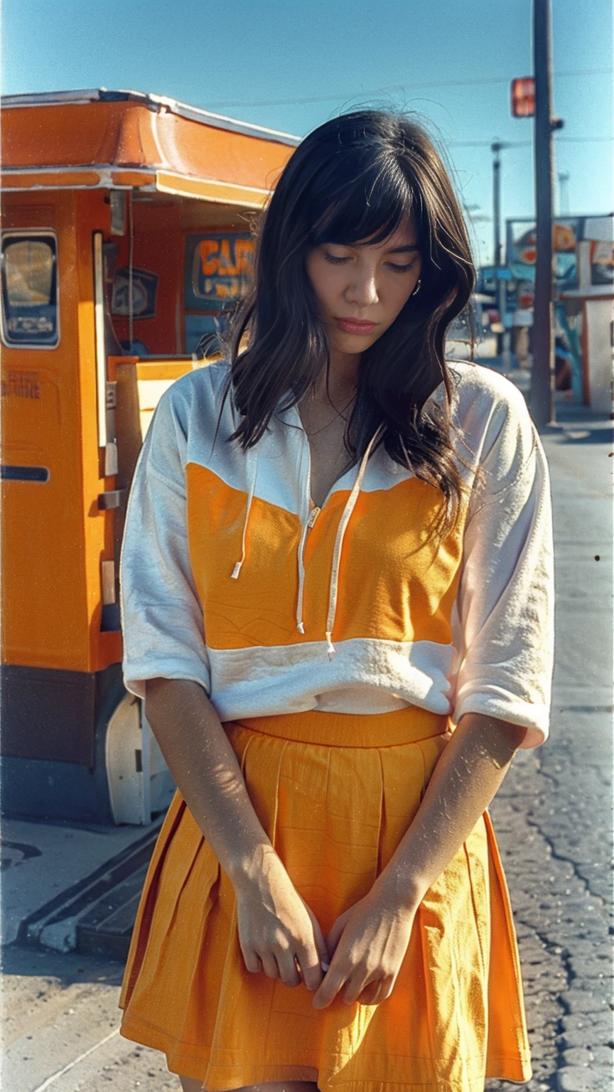 long shot portrait of cute 23 yo girl ,wear ((orange color oversized_hoodie)), wear ((purple tennis skirt)),looking front,Best Quality,Masterpiece,Ultra High Resolution,(Realisticity:1.4),Original Photo, 1Girl, light leak,ultra high resolution,UHD,beautiful, (black bob hair), almond eye, no makeup, in front of (80's abandon gas station), (realistic:1.2), (surreal:1.3), (very detailed:1.1), ((masterpiece)),summer, blue sky, palm trees,sunny, los angles vibes,film camera, 800mm lens,style of Philip Lorca diCorcia