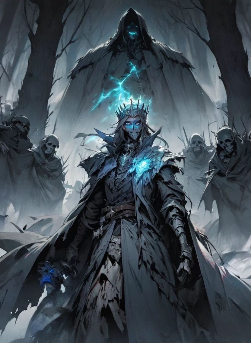 warlock dnd's patron, undead king, blue eyes glowing, dark Woods, cold gray colors, Skeleton army in background, Bloodstained dress
