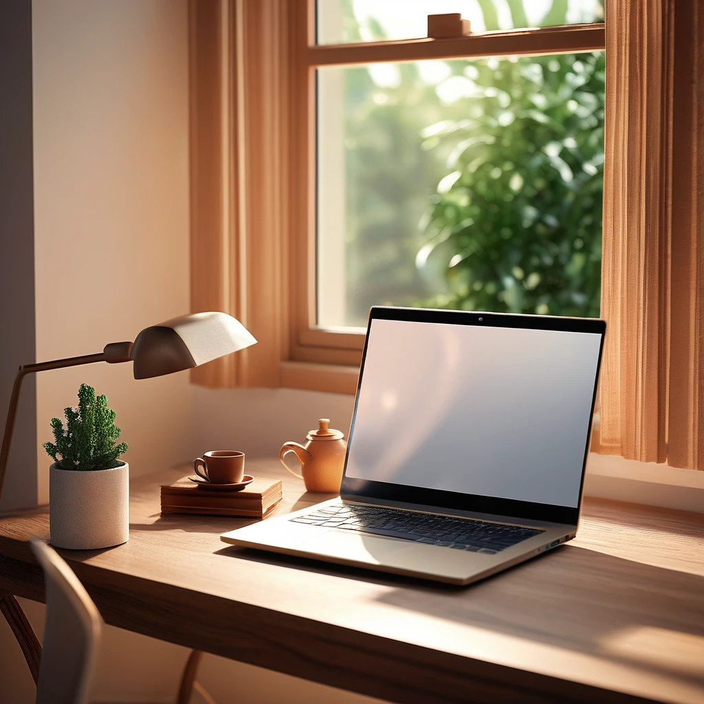 beautiful detailed interior scene, laptop computer on desk, window lighting, high quality, 8k, photorealistic, dramatic lighting, minimalist design, clean composition, still life, detailed surfaces, warm color tones, soft shadows, natural daylight, shallow depth of field, studio lighting, professional photography